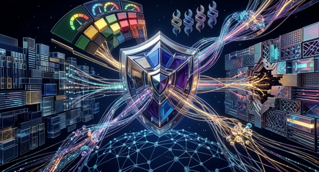 A glowing shield filters blockchain data streams, representing KYT security and compliance in Web3.